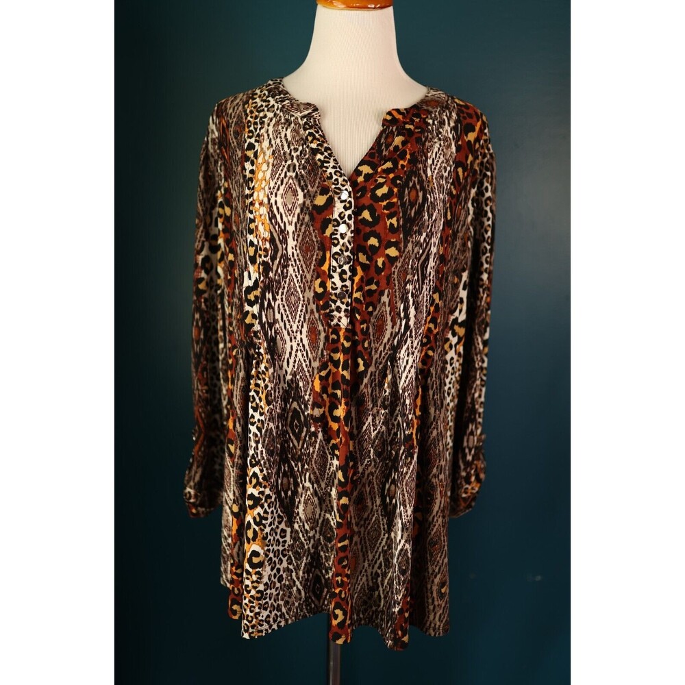 Roz & Ali Plus 3X Animal Print Popover Tunic Top Roll Tab Sleeve Swing Shirt